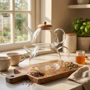 Double Layer 1L & 1.5L Stackable Glass Teapot Set1