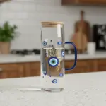 Glass-1.1L-Blue-Eyes-Design-Jug-with-Wooden-Lid1 Glass 1.1L Blue Eyes Design Jug with Wooden Lid1