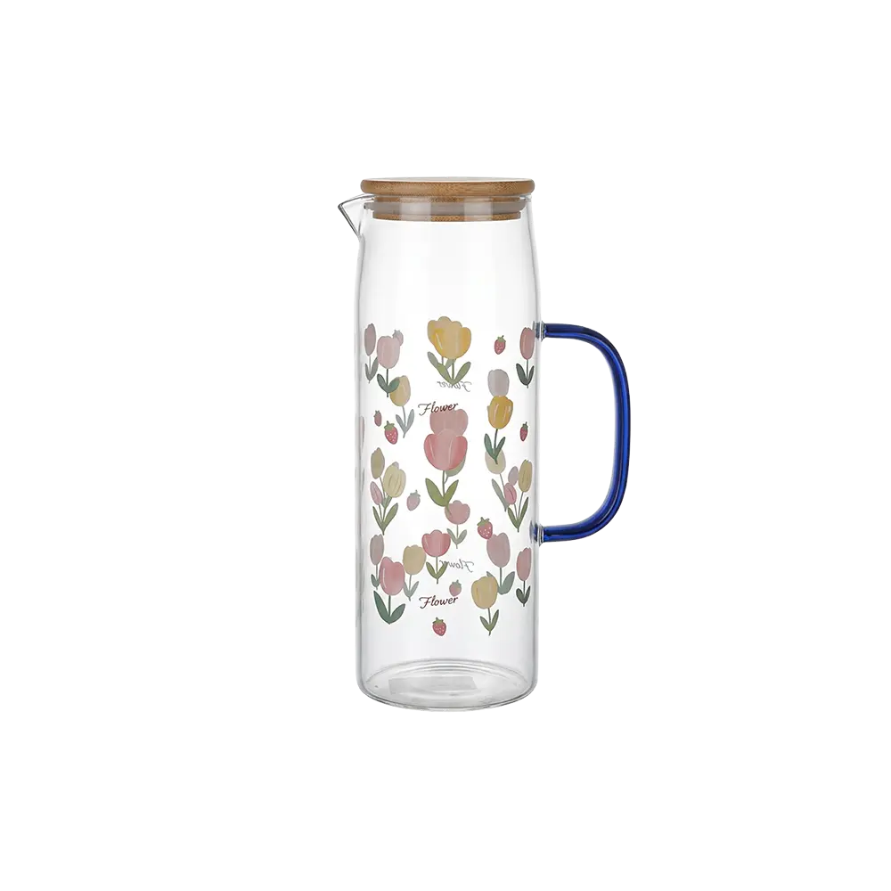 Glass-1.1L-Colored-Flowers-Design-Jug-with-Blue-Handle Glass 1.1L Colored Flowers Design Jug with Blue Handle