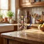 Glass-1.1L-Colored-Flowers-Design-Jug-with-Blue-Handle1 Glass 1.1L Colored Flowers Design Jug with Blue Handle1