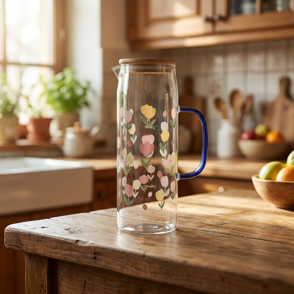 Glass-1.1L-Colored-Flowers-Design-Jug-with-Blue-Handle1 Glass 1.1L Colored Flowers Design Jug with Blue Handle1