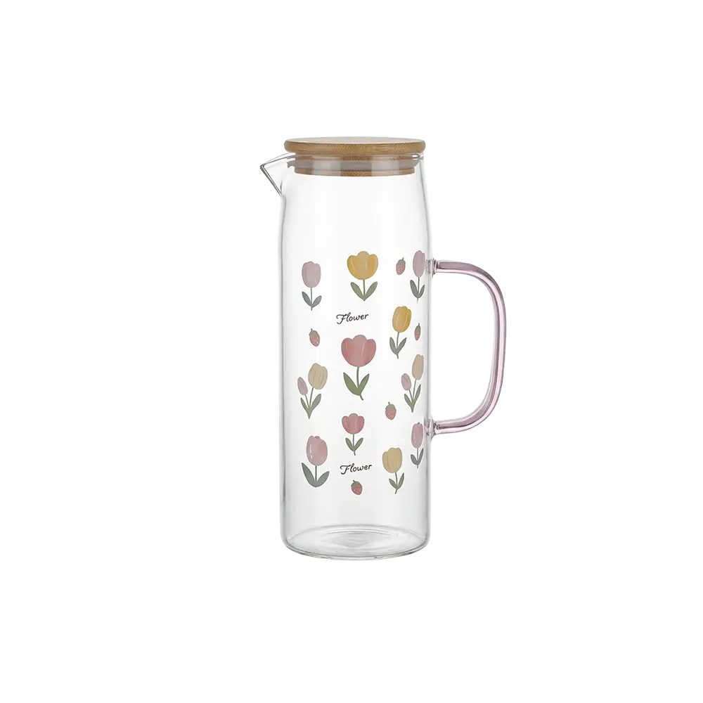 Glass 1.1L Colored Flowers Design Jug with Pink Handle