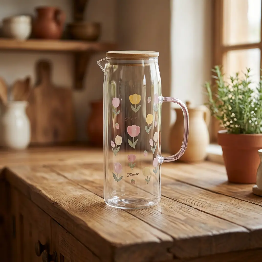 Glass 1.1L Colored Flowers Design Jug with Pink Handle1