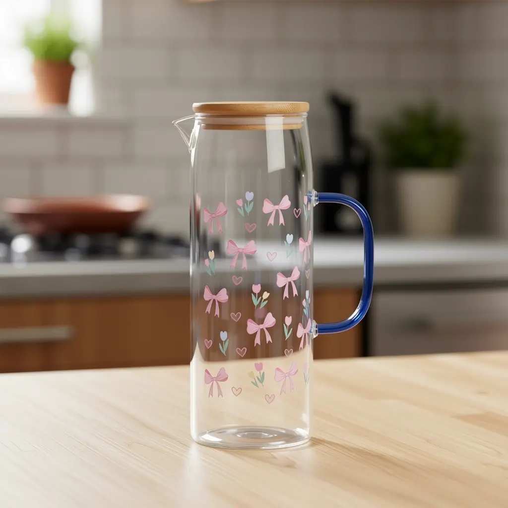 Glass-1.1L-Floral-Design-Jug-with-Wooden-Lid1 Glass 1.1L Floral Design Jug with Wooden Lid1