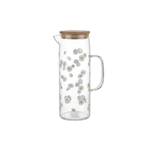 Glass 1.1L Flowers Design Jug with Wooden Lid