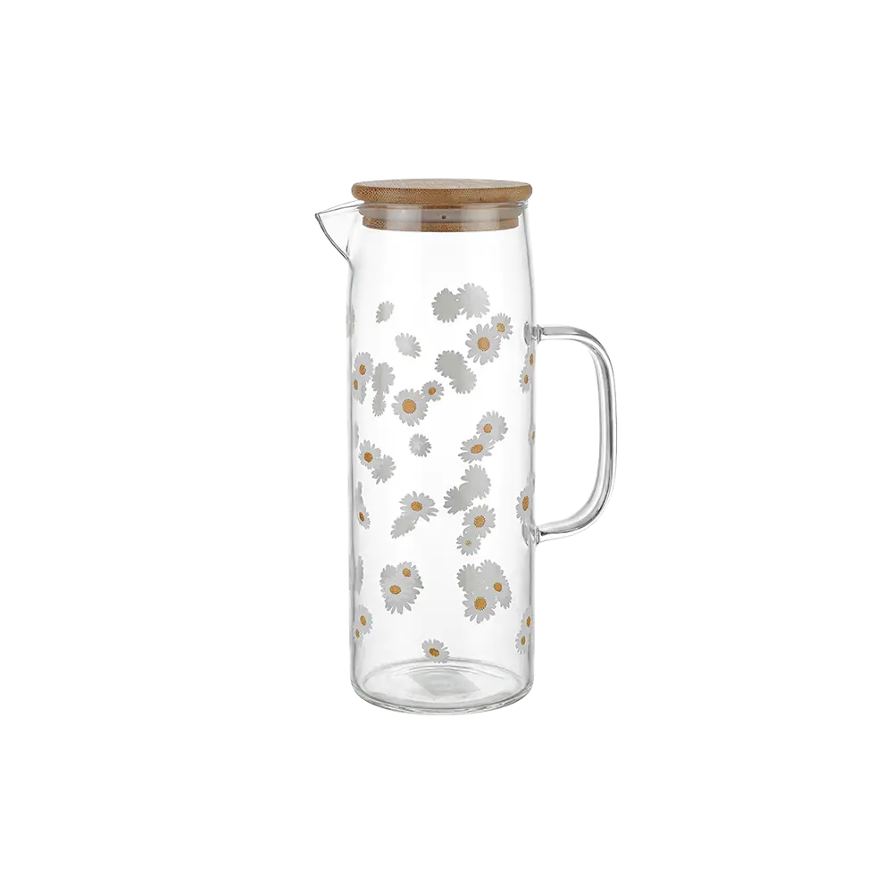 Glass-1.1L-Flowers-Design-Jug-with-Wooden-Lid Glass 1.1L Flowers Design Jug with Wooden Lid