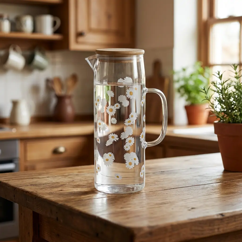 Glass-1.1L-Flowers-Design-Jug-with-Wooden-Lid1 Glass 1.1L Flowers Design Jug with Wooden Lid1