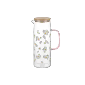 Glass 1.1L White Flowers Design Jug with Pink Handle
