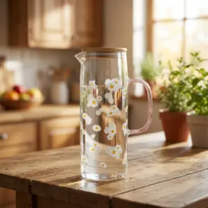 Glass 1.1L White Flowers Design Jug with Pink Handle1