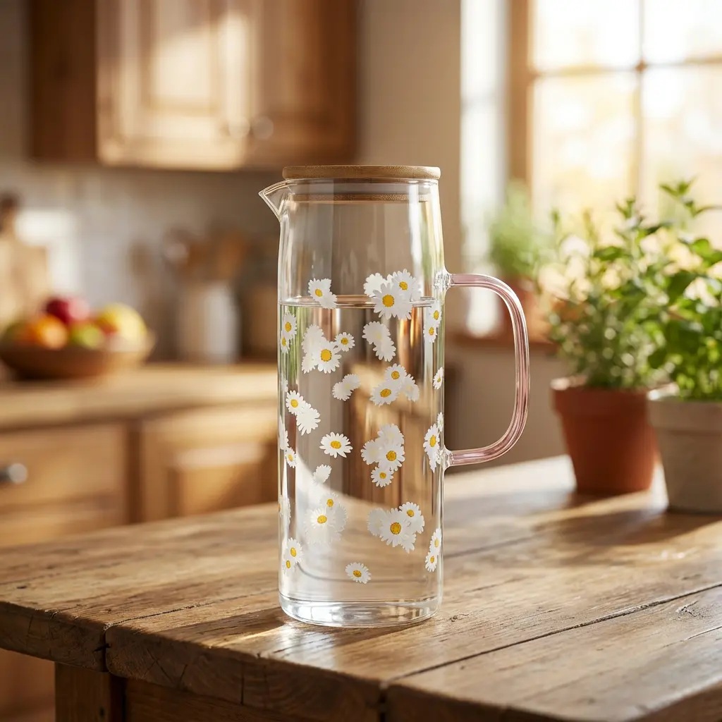 Glass-1.1L-White-Flowers-Design-Jug-with-Pink-Handle1 Glass 1.1L White Flowers Design Jug with Pink Handle1