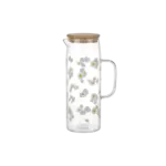 Glass 1.1L White Flowers Design Jug with Wooden Lid