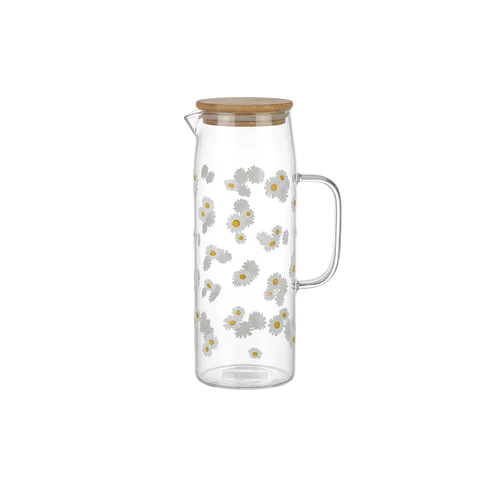 Glass-1.1L-White-Flowers-Design-Jug-with-Wooden-Lid Glass 1.1L White Flowers Design Jug with Wooden Lid