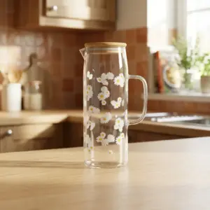 Glass 1.1L White Flowers Design Jug with Wooden Lid1