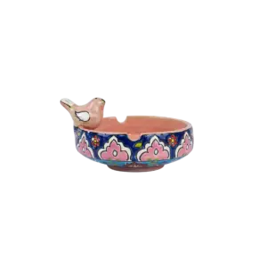 Handmade Floral Pattern Dark Blue Ashtray with Bird Design