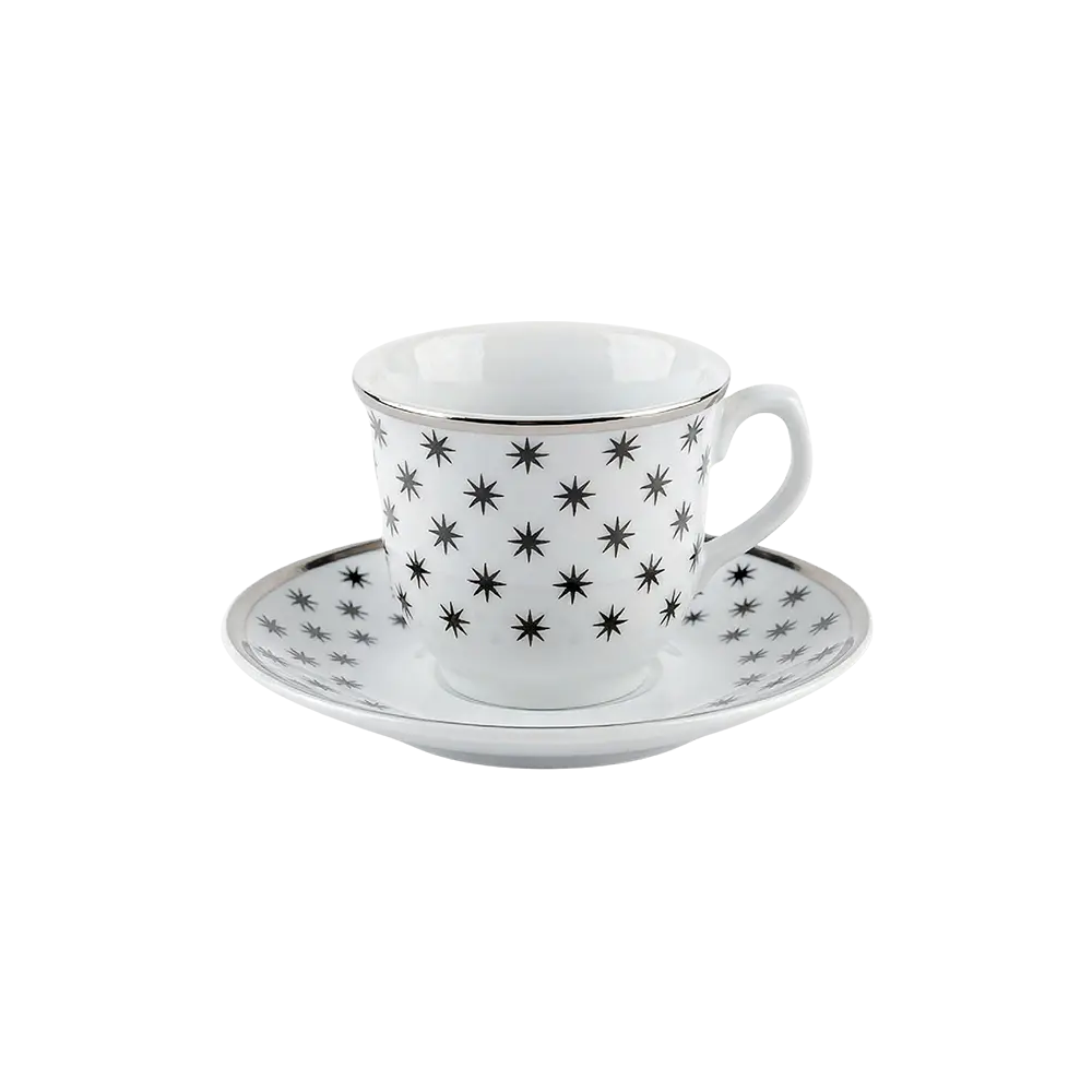 Momaz 12pcs Modern White Coffee Cup & Saucer with Black Stars