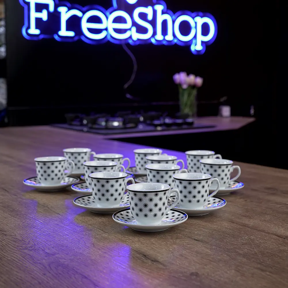 Momaz 12pcs Modern White Coffee Cup & Saucer with Black Stars1
