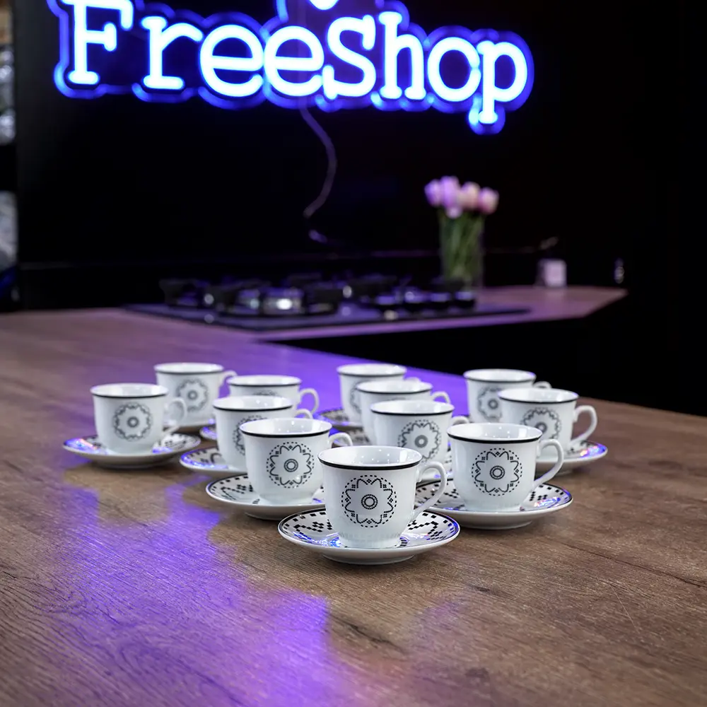 Momaz 12pcs White Coffee Cup & Saucer with Black Flower1