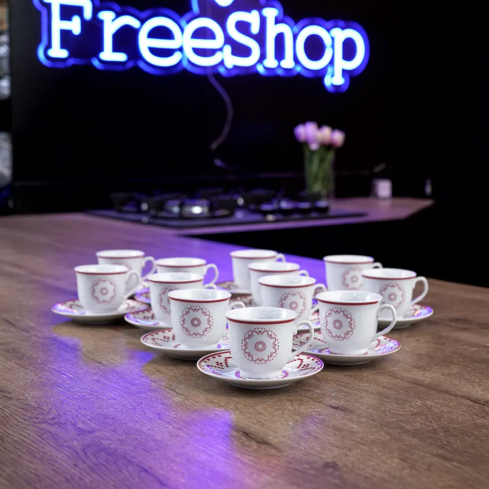 Momaz 12pcs White Coffee Cup & Saucer with Bordoue Flower1