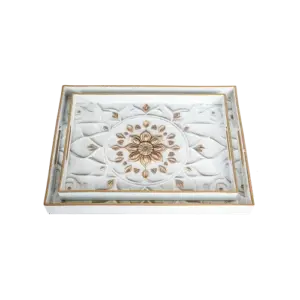 Momaz 2pcs Rectangular White Serving Trays Set with Golden Rim