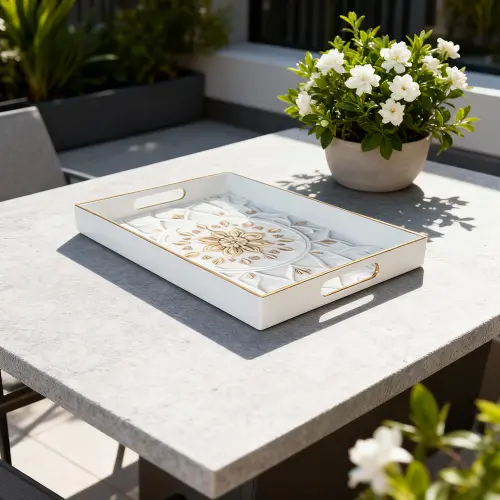 Momaz 2pcs Rectangular White Serving Trays Set with Golden Rim2