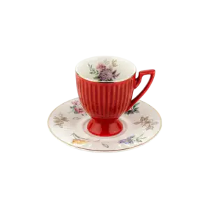 Momaz 6pcs Classic Red Coffee Cup with Floral Saucer