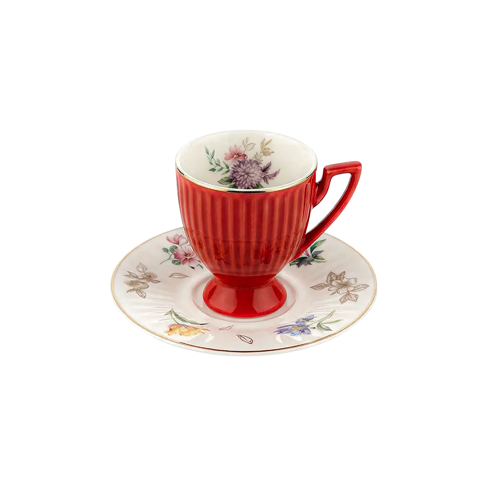 Momaz 6pcs Classic Red Coffee Cup with Floral Saucer