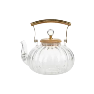 Momaz Classic Ribbed 1.5L Glass Teapot with Golden Handle