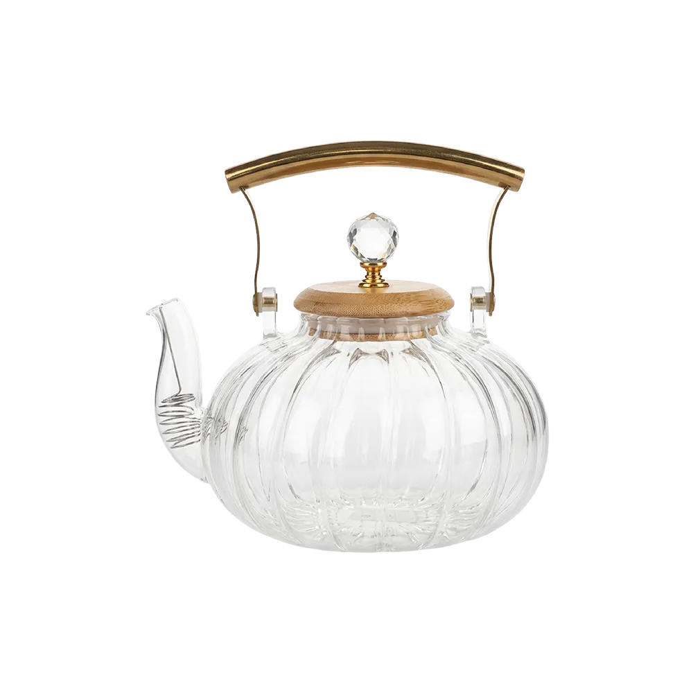 Momaz Classic Ribbed 1.5L Glass Teapot with Golden Handle