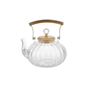 Momaz Classic Ribbed 1L Glass Teapot with Golden Handle