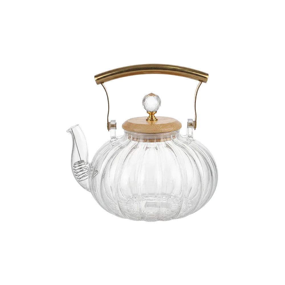 Momaz Classic Ribbed 1L Glass Teapot with Golden Handle