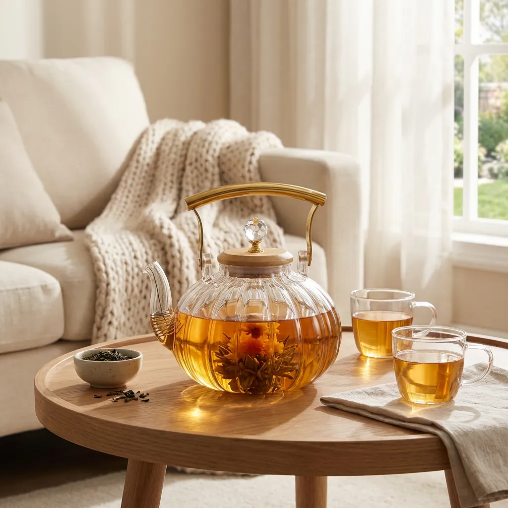 Momaz Classic Ribbed 1L Glass Teapot with Golden Handle1