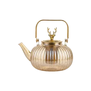 Momaz Elegant Ribbed 1.5L Glass Teapot with Golden Handle