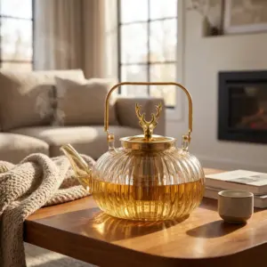 Momaz Elegant Ribbed 1.5L Glass Teapot with Golden Handle1