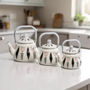 Momaz set of 3 Black Elegant Floral Enamel Tea Kettle1