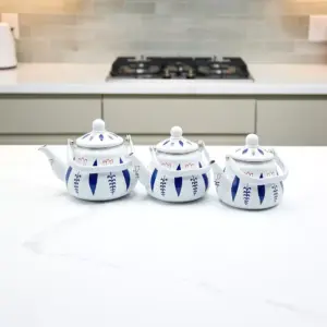 Momaz set of 3 Blue Elegant Floral Enamel Tea Kettle1