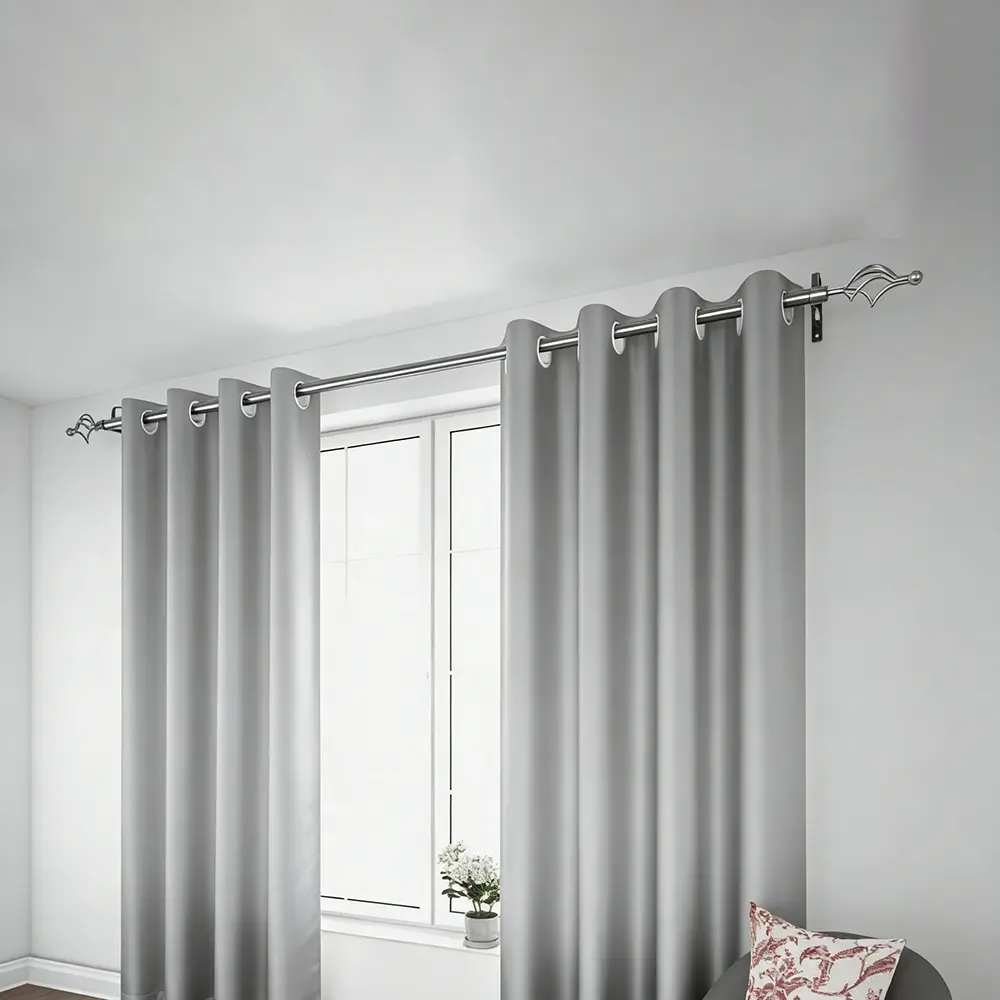 Urban Silver Adjustable Curtain 3m Rod with Decorative Leaf Finials1
