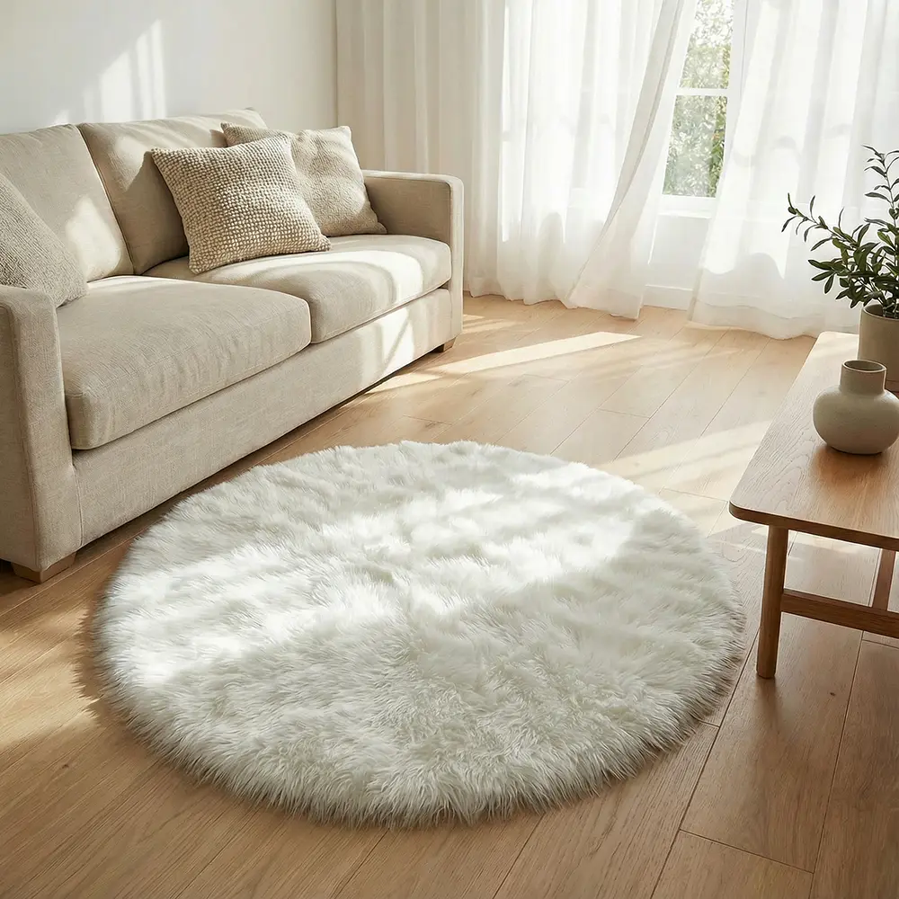 White Round Shape 100cm Fur Rug