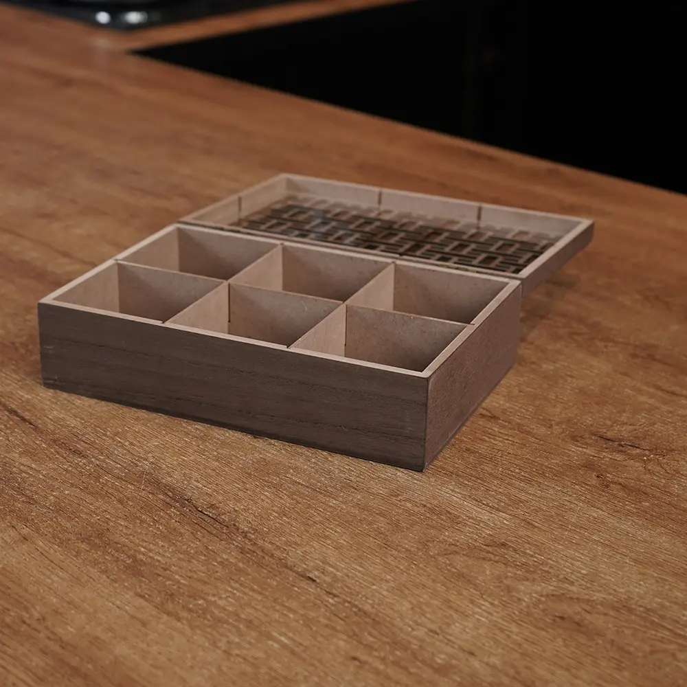 Wooden Divided 6pcs Tea Brown Organizer Box1