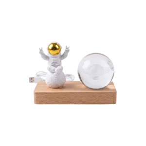 Astronaut & Crystal Sphere LED Night Lamp with Wooden Base