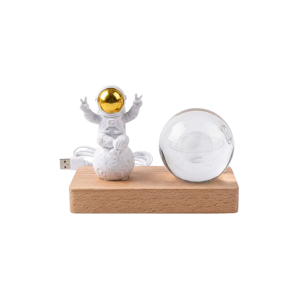 Astronaut & Crystal Sphere LED Night Lamp with Wooden Base