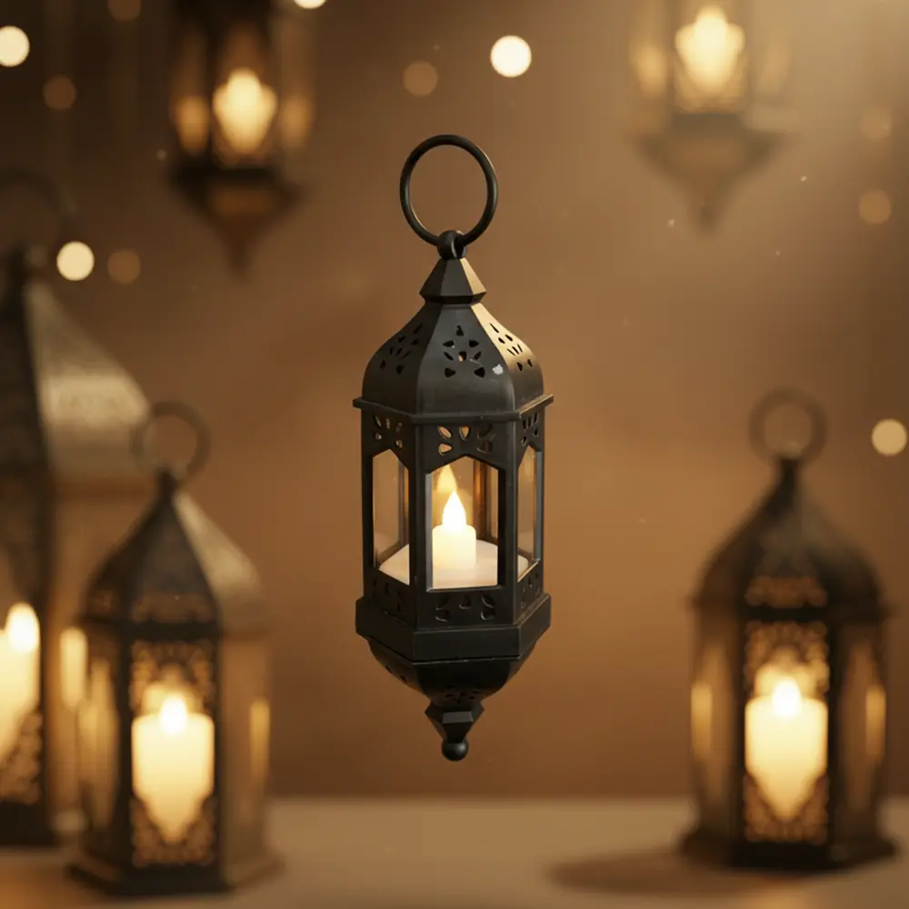 Black 19cm Hanging Ramadan Lantern with LED Candle1