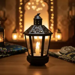 Black 33cm Hanging Ramadan Lantern with LED Candle1