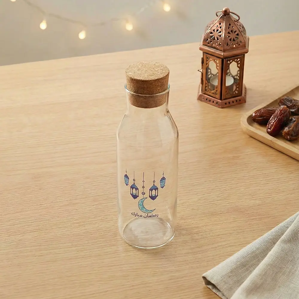 Blue Crescent & Lantern Glass1L Transparent Bottle with Cork Lid1