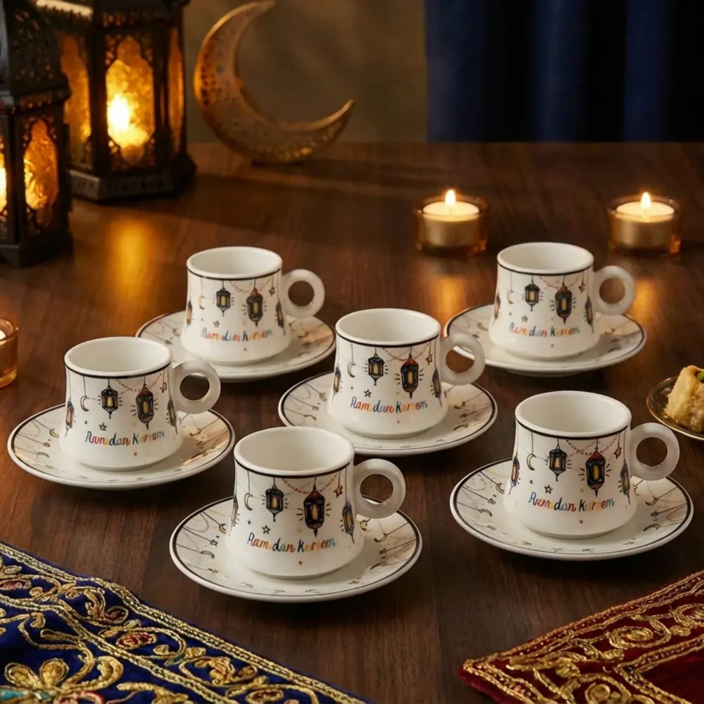 Colored Ramadan Kareem 6pcs Ceramic Coffee Cup & Saucer Set1