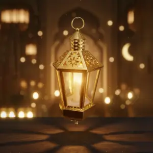 Gold 33cm Hanging Ramadan Lantern with LED Candle1