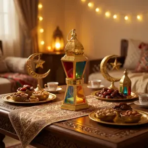 Gold Double Tier Lantern with Multicolor Glass1