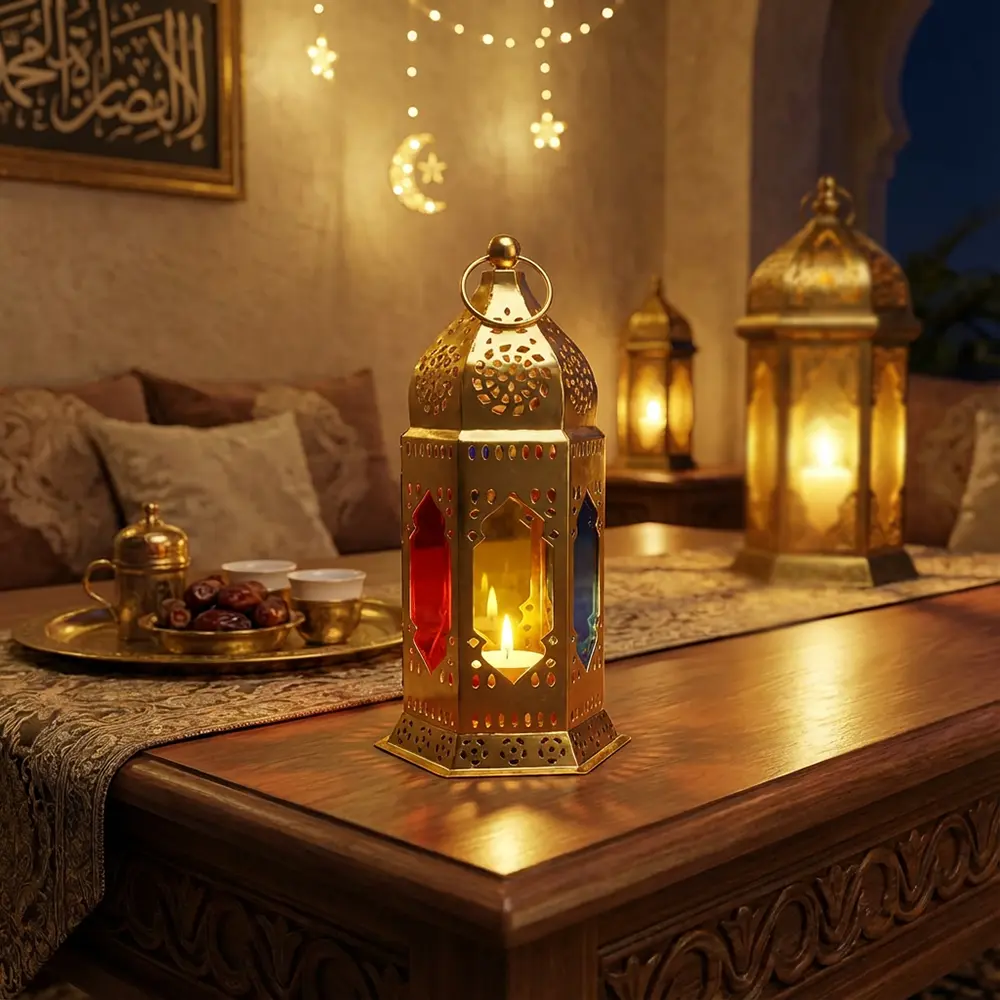 Gold Lantern with Multicolor Glass Insets1