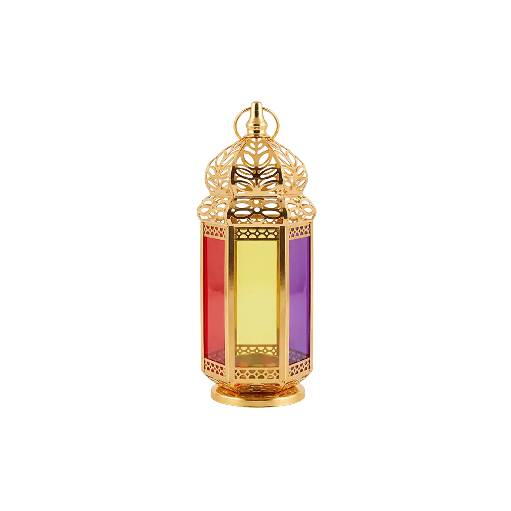 Gold-Lantern-with-Vibrant-Multicolor-Glass Gold Lantern with Vibrant Multicolor Glass
