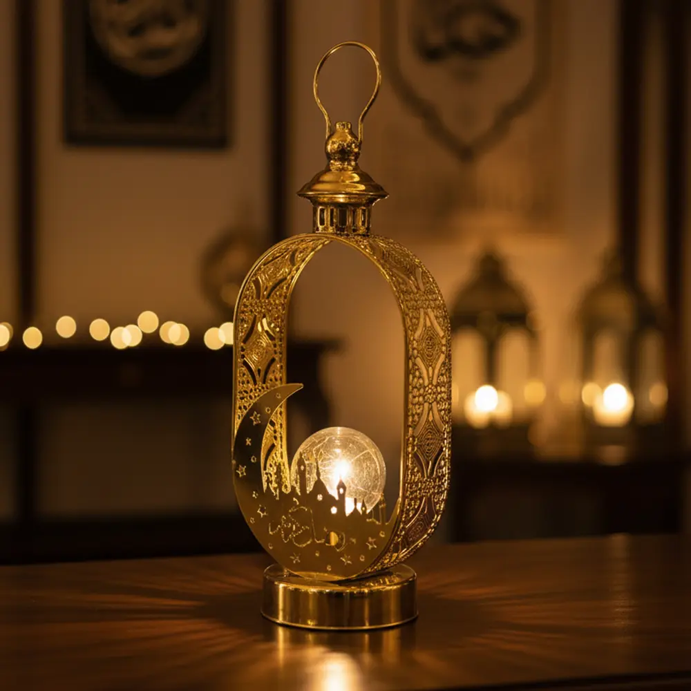 Golden Ramadan Crescent Lantern Table Décor1