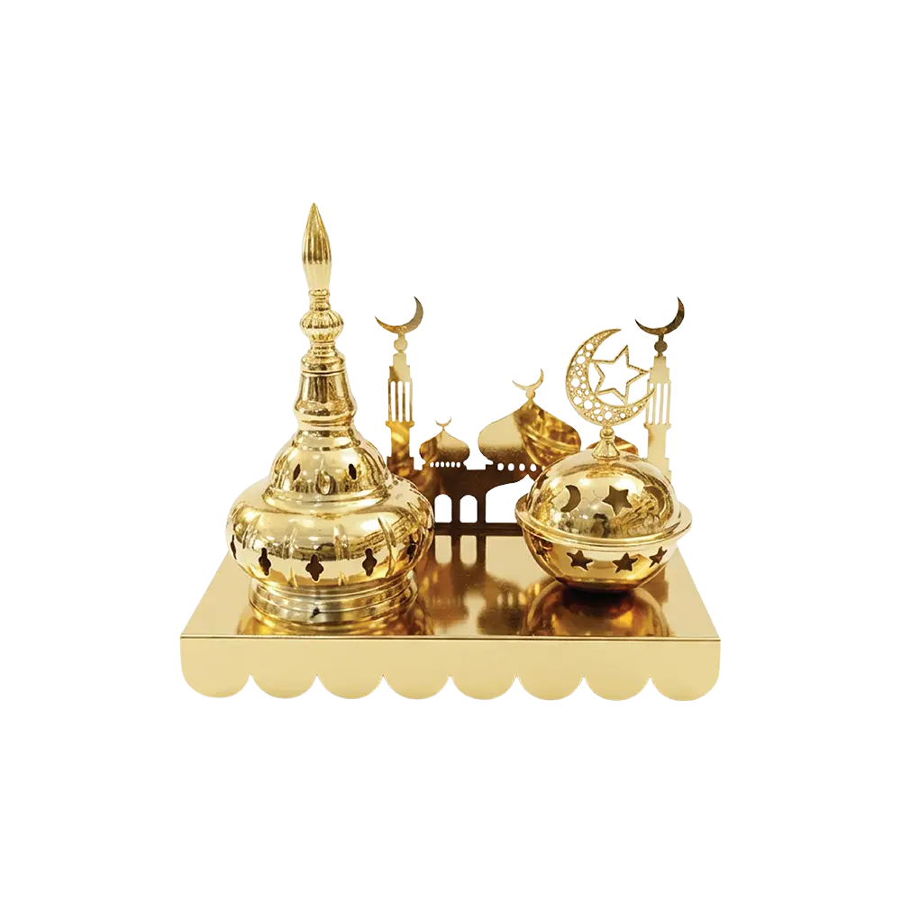 Golden-Ramadan-Thurible-&-Lantern-Décor-Set Golden Ramadan Thurible & Lantern Décor Set